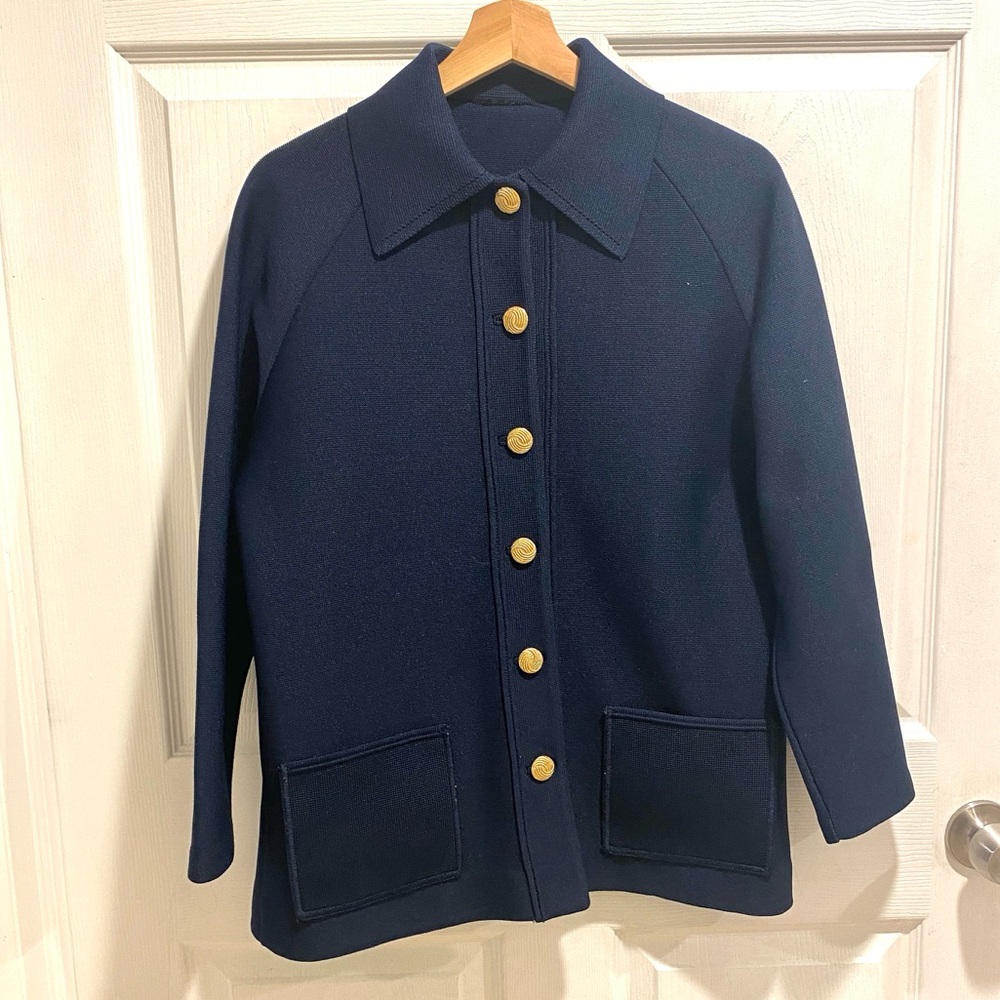 VINTAGE HEDY KNITS Navy Blue Blazer Jacket WMNS L Gold Buttons & Pockets Classy
